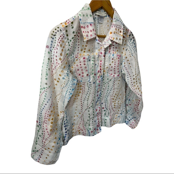 BAMBOO TRADERS WHITE COLORFUL POLKA DOT FLAX BLEND LS BUTTON DOWN BLOUSE - Picture 6 of 14